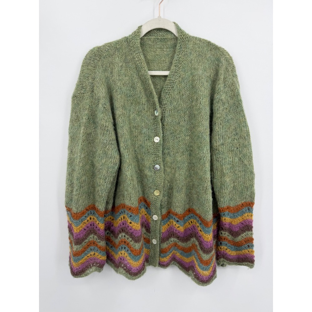 Handmade Chevron Pointelle Mohair Cardigan Sweater Women XL Green Fuzzy Boho